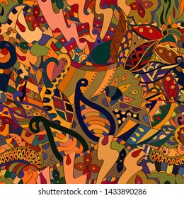 Tracery seamless pattern. Mehndi design. Ethnic colorful doodle texture. Curved doodling background. Vector