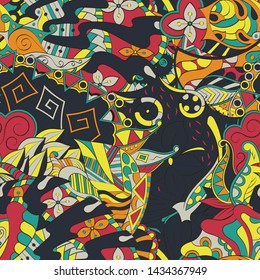 Tracery seamless pattern. Mehndi design. Ethnic colorful doodle texture. Curved doodling background. Vector