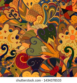 Tracery seamless pattern. Mehndi design. Ethnic colorful doodle texture. Curved doodling background. Vector