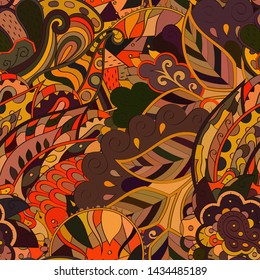 Tracery seamless pattern. Mehndi design. Ethnic colorful doodle texture. Curved doodling background. Vector