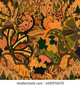 Tracery seamless pattern. Mehndi design. Ethnic colorful doodle texture. Curved doodling background. Vector