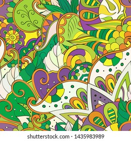 Tracery seamless pattern. Mehndi design. Ethnic colorful doodle texture. Curved doodling background. Vector
