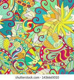 Tracery seamless pattern. Mehndi design. Ethnic colorful doodle texture. Curved doodling background. Vector