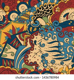 Tracery seamless pattern. Mehndi design. Ethnic colorful doodle texture. Curved doodling background. Vector