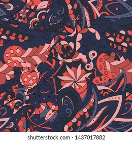 Tracery seamless pattern. Mehndi design. Ethnic colorful doodle texture. Curved doodling background. Vector