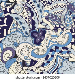 Tracery seamless pattern. Mehndi design. Ethnic colorful doodle texture. Curved doodling background. Vector