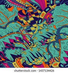 Tracery seamless pattern. Mehndi design. Ethnic colorful doodle texture. Curved doodling background. Vector
