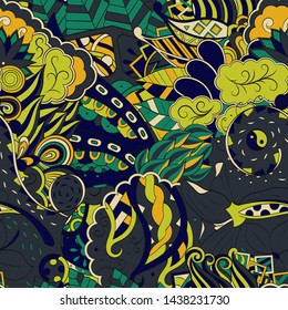 Tracery seamless pattern. Mehndi design. Ethnic colorful doodle texture. Curved doodling background. Vector