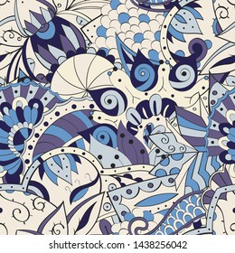 Tracery seamless pattern. Mehndi design. Ethnic colorful doodle texture. Curved doodling background. Vector
