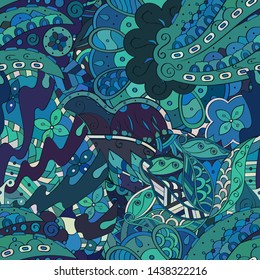 Tracery seamless pattern. Mehndi design. Ethnic colorful doodle texture. Curved doodling background. Vector