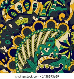 Tracery seamless pattern. Mehndi design. Ethnic colorful doodle texture. Curved doodling background. Vector