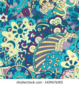 Tracery seamless pattern. Mehndi design. Ethnic colorful doodle texture. Curved doodling background. Vector