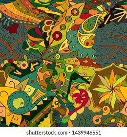 Tracery seamless pattern. Mehndi design. Ethnic colorful doodle texture. Curved doodling background. Vector