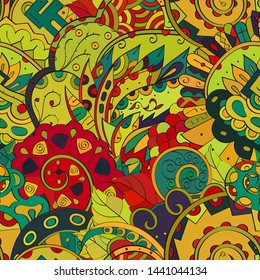 Tracery seamless pattern. Mehndi design. Ethnic colorful doodle texture. Curved doodling background. Vector