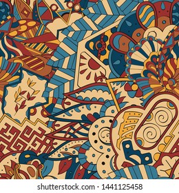 Tracery seamless pattern. Mehndi design. Ethnic colorful doodle texture. Curved doodling background. Vector