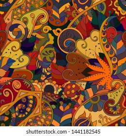 Tracery seamless pattern. Mehndi design. Ethnic colorful doodle texture. Curved doodling background. Vector