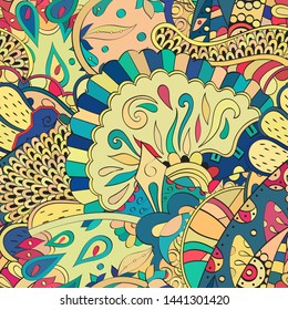 Tracery seamless pattern. Mehndi design. Ethnic colorful doodle texture. Curved doodling background. Vector