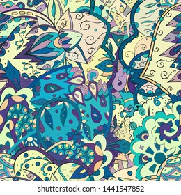 Tracery seamless pattern. Mehndi design. Ethnic colorful doodle texture. Curved doodling background. Vector