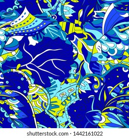 Tracery seamless pattern. Mehndi design. Ethnic colorful doodle texture. Curved doodling background. Vector