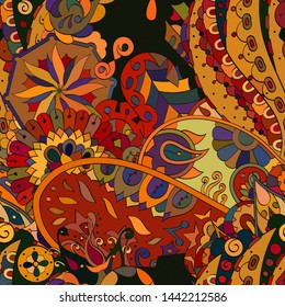 Tracery seamless pattern. Mehndi design. Ethnic colorful doodle texture. Curved doodling background. Vector