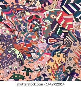 Tracery seamless pattern. Mehndi design. Ethnic colorful doodle texture. Curved doodling background. Vector