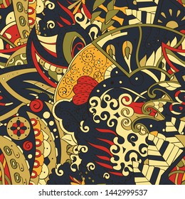 Tracery seamless pattern. Mehndi design. Ethnic colorful doodle texture. Curved doodling background. Vector