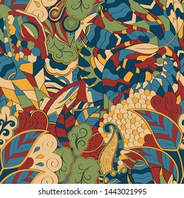 Tracery seamless pattern. Mehndi design. Ethnic colorful doodle texture. Curved doodling background. Vector