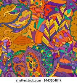 Tracery seamless pattern. Mehndi design. Ethnic colorful doodle texture. Curved doodling background. Vector