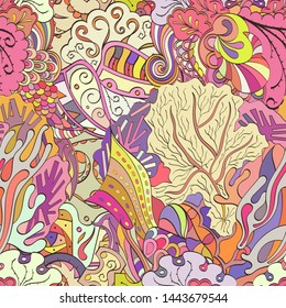 Tracery seamless pattern. Mehndi design. Ethnic colorful doodle texture. Curved doodling background. Vector