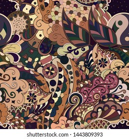 Tracery seamless pattern. Mehndi design. Ethnic colorful doodle texture. Curved doodling background. Vector