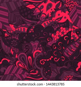 Tracery seamless pattern. Mehndi design. Ethnic colorful doodle texture. Curved doodling background. Vector