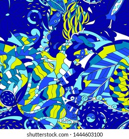Tracery seamless pattern. Mehndi design. Ethnic colorful doodle texture. Curved doodling background. Vector