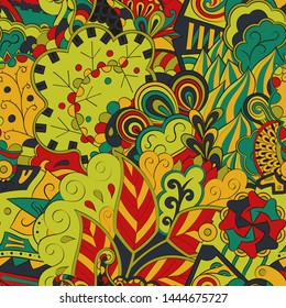 Tracery seamless pattern. Mehndi design. Ethnic colorful doodle texture. Curved doodling background. Vector
