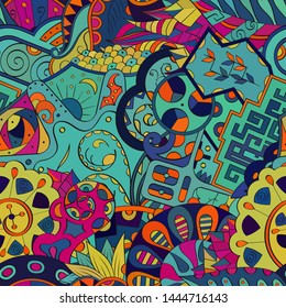 Tracery seamless pattern. Mehndi design. Ethnic colorful doodle texture. Curved doodling background. Vector
