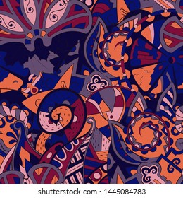 Tracery seamless pattern. Mehndi design. Ethnic colorful doodle texture. Curved doodling background. Vector