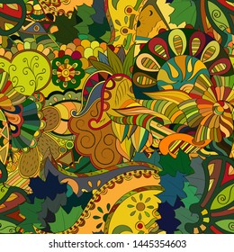 Tracery seamless pattern. Mehndi design. Ethnic colorful doodle texture. Curved doodling background. Vector