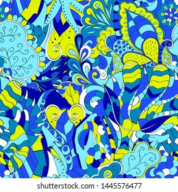 Tracery seamless pattern. Mehndi design. Ethnic colorful doodle texture. Curved doodling background. Vector