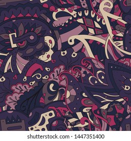 Tracery seamless pattern. Mehndi design. Ethnic colorful doodle texture. Curved doodling background. Vector
