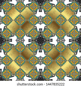Tracery seamless pattern. Mehndi design. Vector illustration. Ethnic binary doodle texture. Curved doodling in yellow, green and gray colors.