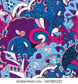 Tracery seamless pattern. Mehndi design. Ethnic colorful doodle texture. Curved doodling background. Vector