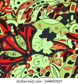 Tracery seamless pattern. Mehndi design. Ethnic colorful doodle texture. Curved doodling background. Vector