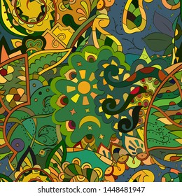 Tracery seamless pattern. Mehndi design. Ethnic colorful doodle texture. Curved doodling background. Vector