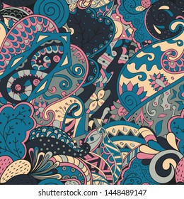 Tracery seamless pattern. Mehndi design. Ethnic colorful doodle texture. Curved doodling background. Vector