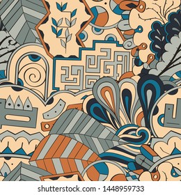 Tracery seamless pattern. Mehndi design. Ethnic colorful doodle texture. Curved doodling background. Vector