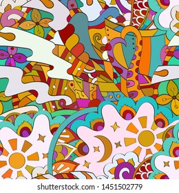 Tracery seamless pattern. Mehndi design. Ethnic colorful doodle texture. Curved doodling background. Vector