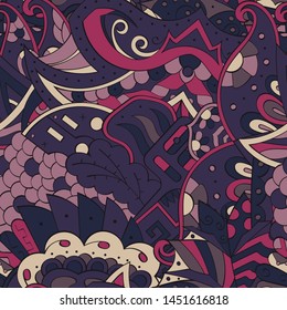 Tracery seamless pattern. Mehndi design. Ethnic colorful doodle texture. Curved doodling background. Vector