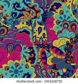 Tracery seamless pattern. Mehndi design. Ethnic colorful doodle texture. Curved doodling background. Vector