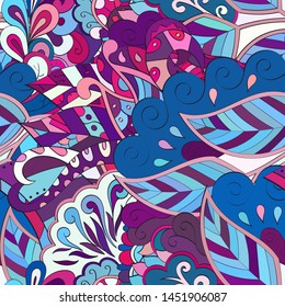 Tracery seamless pattern. Mehndi design. Ethnic colorful doodle texture. Curved doodling background. Vector