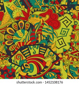 Tracery seamless pattern. Mehndi design. Ethnic colorful doodle texture. Curved doodling background. Vector