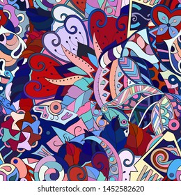Tracery seamless pattern. Mehndi design. Ethnic colorful doodle texture. Curved doodling background. Vector